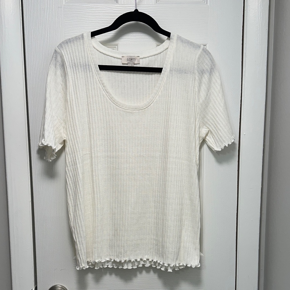 LOFT Women's Cream Ribbed Short Sleeve Top